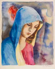 Rudolf Schlichter, Frau mit blauem Umhang/Madonna, Ca. 1928/1930, Watercolor on paper