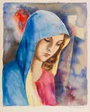 Rudolf Schlichter, Frau mit blauem Umhang/Madonna, Ca. 1928/1930, Watercolor on paper