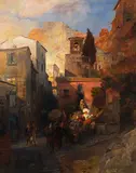 Oswald Achenbach, Straßenszene in einem italienischen Bergdorf, 1879, Oil on canvas