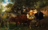 Kühe und Schafe an der Tränke by Heinrich von Zügel, Um 1880, Oil on panel, sold Jun 2022