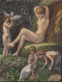 Ludwig von Hofmann, Frühlingsidylle mit Badender und Blumenkindern