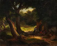 Eichenwald mit einem am Brunnen rastenden Kreuzritter by Karl Friedrich Lessing, 1839, Oil on canvas, sold Jun 2022
