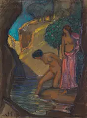 Ludwig von Hofmann, Grotte mit badenden Frauen, Um 1900, Pastel
