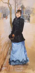 Franz Skarbina, Dame mit Muff, Um 1886, Gouache