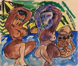 Zwei Akte mit Negerplastik by Karl Schmidt-Rottluff, 1913, Watercolor and India ink, sold Jun 2022