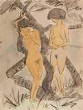 Otto Mueller, Zwei Mädchenakte (Zwei stehende Mädchenakte unter Bäumen / Zwei Mädchen neben Baumstämmen stehend), Um 1923, Watercolor and color chalks