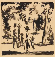 Spaziergänger im Park by August Macke, 1912, Brush and India ink drawing, with pencil in mar..., sold Dec 2021