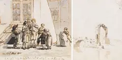 Caspar David Friedrich, Hofmusikanten in Greifswald / Landschaft mit Steinbrücke und zerfallenem Torbogen, 1801, Quill in brown, wash