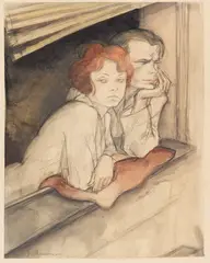 Jeanne Mammen, Paar auf der Fensterbank, Um 1928, Watercolor and pencil