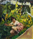 Leo Putz, Toni im Blumenbeet, 1924, Oil on canvas