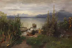 Josef Wopfner, Blumengarten und Fischer auf der Fraueninsel, 1884, Oil on canvas