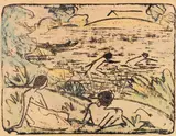 Otto Mueller, Badeszene mit vier Figuren, Haus und Boot, Um 1914, Lithograph, with watercolors