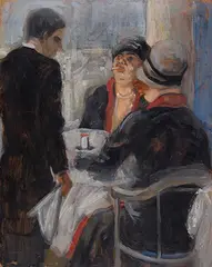 Zwei Frauen und Kellner im Café by Georg Tappert, Ca. 1930, Oil on cardboard, sold Dec 2021