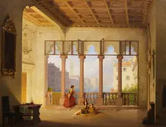 Max Emanuel Ainmiller, Venezianisches Interieur mit Ausblick auf Campanile und Dogenpalast, 1841, Oil on canvas