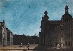 Giuseppe Quaglio, Der Mannheimer Theaterplatz bei Mondschein, Um 1790, Watercolor over pe drawing, white-heightened wi...