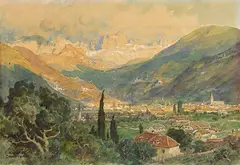 Edward Harrison Compton, Blick über Bozen und den Rosengarten, Um 1924, Watercolor and gouache over pencil