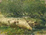 Heinrich von Zügel, Schafherde am Bach im Baumschatten