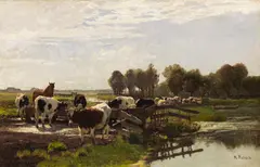 Weidetiere in Flusslandschaft by Hermann Baisch, Wohl 1883, Oil on canvas, sold Dec 2021
