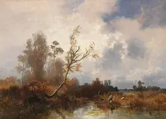 Joseph Wenglein, Herbstliche Landschaft mit Jägern im Dachauer Moos, Um 1890, Oil on canvas