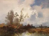 Joseph Wenglein, Herbstliche Landschaft mit Jägern im Dachauer Moos