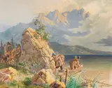 Lorenzo Quaglio, Jäger und Wilderer am Eibsee bei der Zugspitze, 1851, Watercolor, pen and gouache over pencil