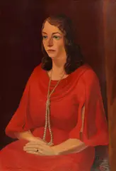 Curt Großpietsch, Porträt einer Dame mit Perlenkette im roten Abendkleid, Wohl 1930, Oil on canvas