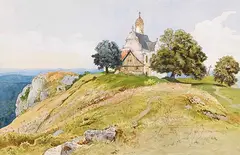 Viktor Paul Mohn, St. Maria auf dem Hohenrechberg bei Schwäbisch Gmünd, 1882, Aquarell und Deckfarbe über Feder in Braun und Schwarz auf Papier