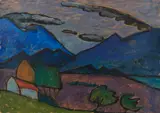 Gabriele Münter, Berglandschaft mit Haus, 1910, Oil on cardboard