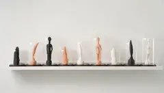 Candice Lin, Dildos (Corn Hill, Queen Victoria, Bird in Space), 2012, Nine silicone sculptures, each with bell jar