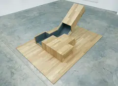 Michael Anastassiades, Gemeinschaftsarbeit mit Dunne & Raby, Anthony Dunne (geb. 1964) und Fiona Raby (geb. 1963). Hideaway Furniture, Type 1, 2004/05, Wooden sculpture, English oak, felt, sliding an...