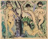 Otto Mueller, Fünf Akte im Walde, Um 1914, Watercolor and India ink