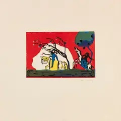 Wassily Kandinsky, Zwei Reiter vor Rot (aus: Klänge), 1911, Woodcut in colors
