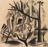 Otto Dix, Haus und Baumstümpfe (bei Souchez, Pas-de-Calais), Um 1916, Black Chalk drawing
