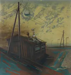 Volker Böhringer, Baracke im Mondlicht, 1951, Mixed media on fiber board