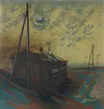 Volker Böhringer, Baracke im Mondlicht, 1951, Mixed media on fiber board
