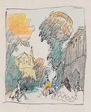 Lyonel Feininger, Street Scene (Feeding Swans), 1908, Pen and ink and Colored crayon drawings