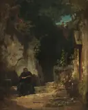 Carl Spitzweg, Einsiedler mit Mädchen, Um 1870, Oil on panel