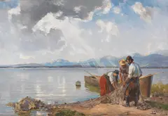 Josef Wopfner, Fischer am Chiemseeufer, Um 1905, Oil on canvas