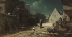 Carl Spitzweg, Nachtwächter bei Mondschein, Hund und Katze, Ca. 1870, Oil on cardboard