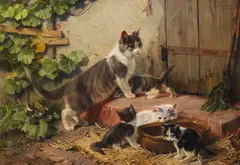 Julius Anton Adam, Katzenfamilie am Milchnapf, Ca. 1890, Oil on canvas