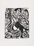 Frau Schuh zuknöpfend by Ernst Ludwig Kirchner, 1912, Woodcut, sold Dec 2020