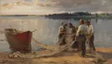 Josef Wopfner, Netzflickende Fischer am Chiemseeufer