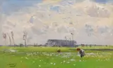 Hugo Mühlig, Sommerwiese mit blumenpflückenden Mädchen
