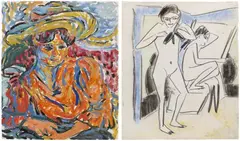 Ernst Ludwig Kirchner, Sitzende mit großem Hut, Emy Frisch / Szene im Atelier (Fränzi (Marzella) und Artistin), 1908/1910, Gouache and pastel with chalk