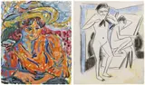 Ernst Ludwig Kirchner, Sitzende mit großem Hut, Emy Frisch / Szene im Atelier (Fränzi (Marzella) und Artistin), 1908/1910, Gouache and pastel with chalk