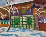 Haus mit Schneebäumen in Kochel by Gabriele Münter, 1908/09, Oil on cardboard, sold Dec 2020