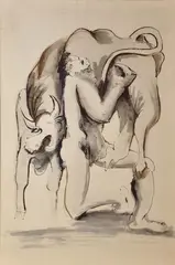 Emil Filla, Théseus with cretan bull, 1938, drawing with black indian ink on canvas, fixed on board