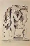 Emil Filla, Théseus with cretan bull, 1938, drawing with black indian ink on canvas, fixed on board