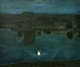 Antonín Hudeček, Night on the pond, oil on canvas