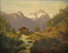 August Piepenhagen, Horská chata s bystřinou, olej na plátně